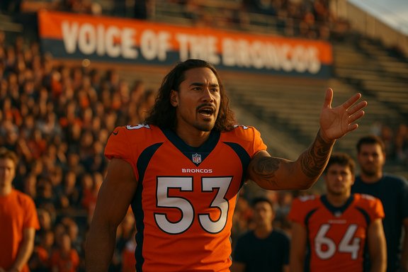 Broncos player #53 gestures to a packed stadium during the game.