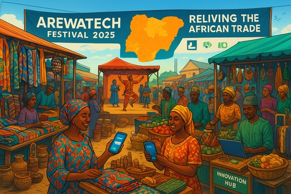 Colorful African market scene at ArewaTech Festival 2025 with vendors, dancers, and an Innovation Hub.
