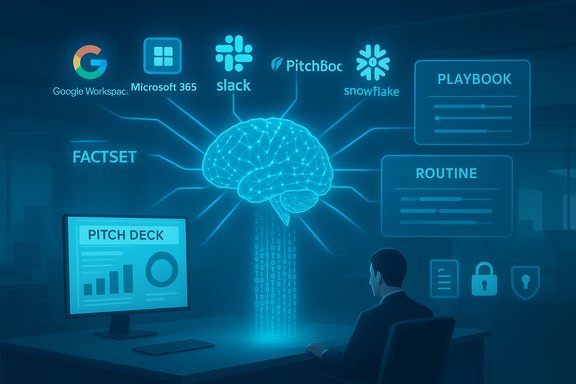 A businessperson sits at a desk as a glowing brain links to major apps and dashboards.