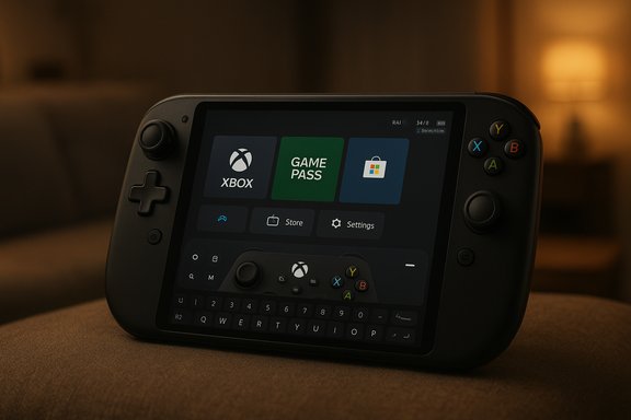 A handheld gaming console displaying Xbox Game Pass tiles on its screen. A handheld gaming console displaying Xbox Game Pass tiles on its screen.