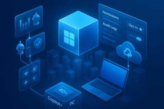 Blue futuristic IT scene with a Windows cube, cloud, AI bots, and dashboards.