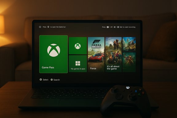 Laptop displays Xbox Game Pass UI with game tiles and a nearby controller in a dimly lit room. Laptop displays Xbox Game Pass UI with game tiles and a nearby controller in a dimly lit room.