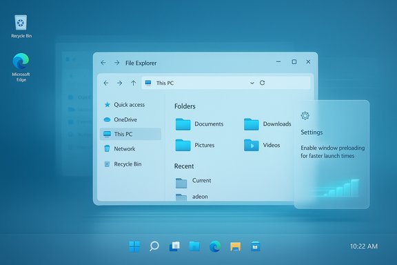 Blue Windows desktop with a floating File Explorer window and a settings panel. Blue Windows desktop with a floating File Explorer window and a settings panel.