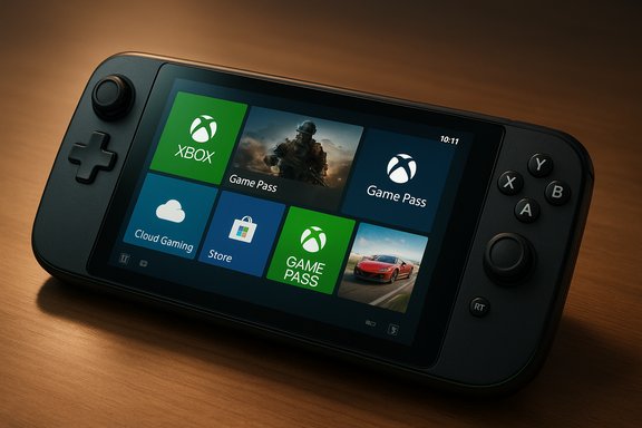A handheld gaming console displaying Xbox Game Pass tiles on its home screen. A handheld gaming console displaying Xbox Game Pass tiles on its home screen.