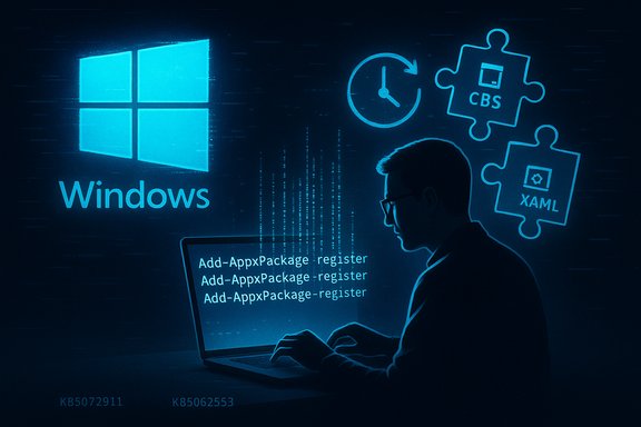 A developer at a laptop coding Windows app packaging, with XAML and CBS icons on a neon blue screen. A developer at a laptop coding Windows app packaging, with XAML and CBS icons on a neon blue screen.