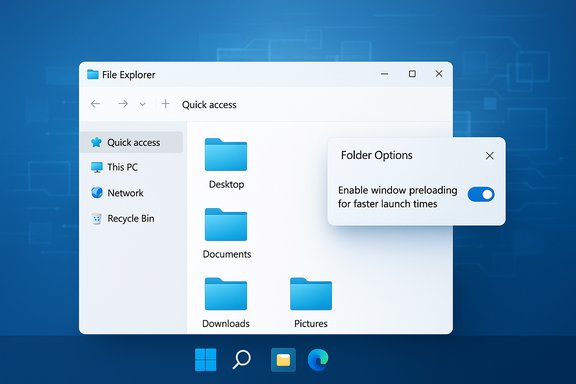 Windows File Explorer on a blue background, showing Quick Access and a Folder Options pop-up. Windows File Explorer on a blue background, showing Quick Access and a Folder Options pop-up.