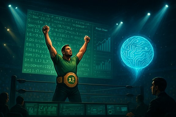 A champion raises his arms in a wrestling ring, beneath digital charts and a glowing circuit globe.