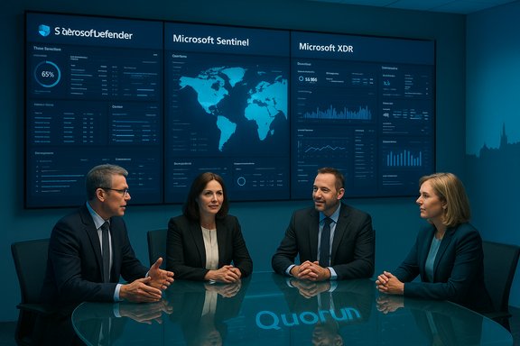 Four business professionals sit around a glass table in a boardroom, with digital dashboards on the wall.