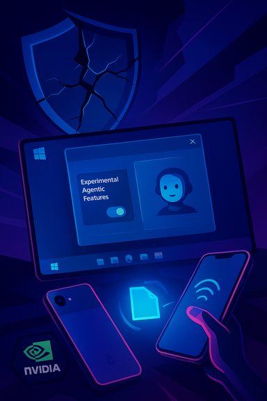 Neon blue tech setup with a laptop UI showing 'Experimental Agentic Features,' a cracked shield backdrop, and smartphones.