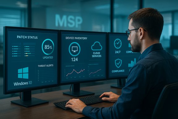 A tech professional monitors a multi-monitor dashboard showing patch status and device inventory.