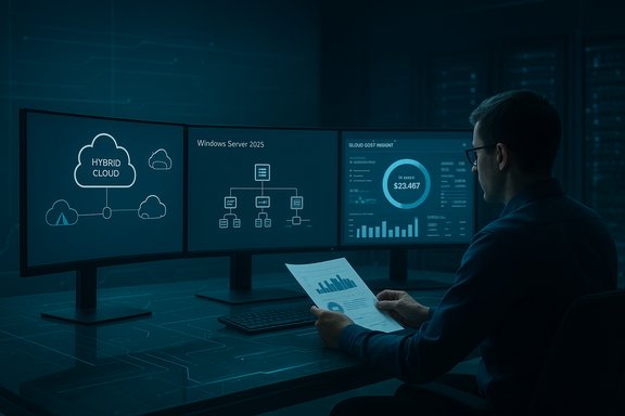 An IT professional monitors hybrid cloud diagrams and data dashboards on multiple monitors.