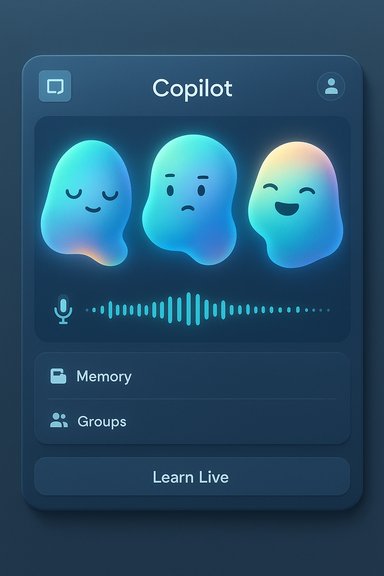 Copilot app screen featuring three glowing blue blob faces and a waveform.