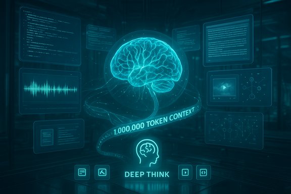 A glowing holographic brain with a 1,000,000 token context ribbon and floating data panels.