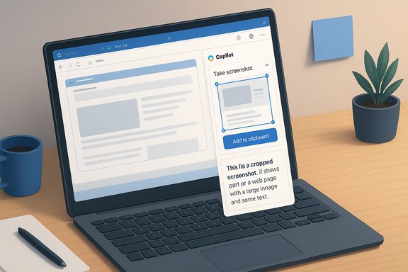 A laptop on a desk shows Copilot's screenshot tool with a Take screenshot card and Add to clipboard.
