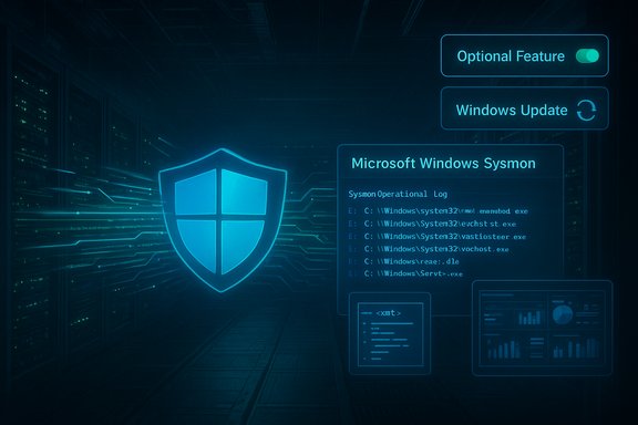 Futuristic data center with a glowing Windows shield and translucent Sysmon dashboards.