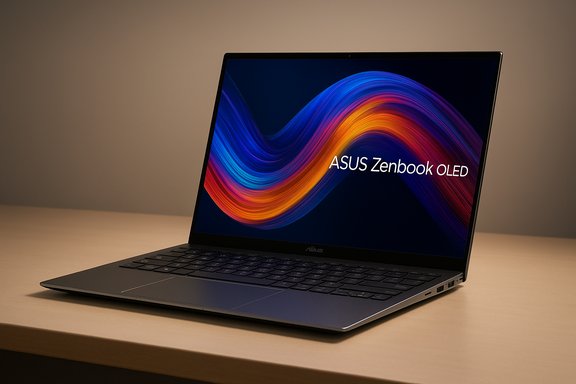 ASUS Zenbook OLED laptop on a wooden desk.