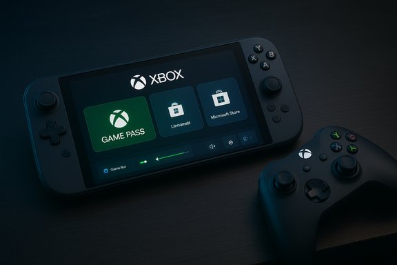 A portable gaming console displaying Xbox Game Pass tiles on its screen. A portable gaming console displaying Xbox Game Pass tiles on its screen.