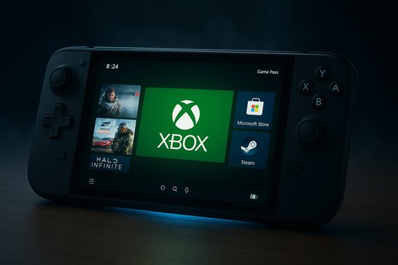 Handheld gaming console displaying the Xbox Game Pass home screen with Xbox, Store, and Steam tiles. Handheld gaming console displaying the Xbox Game Pass home screen with Xbox, Store, and Steam tiles.