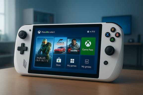 A white handheld gaming console shows the Xbox UI with Halo Infinite and Game Pass.
