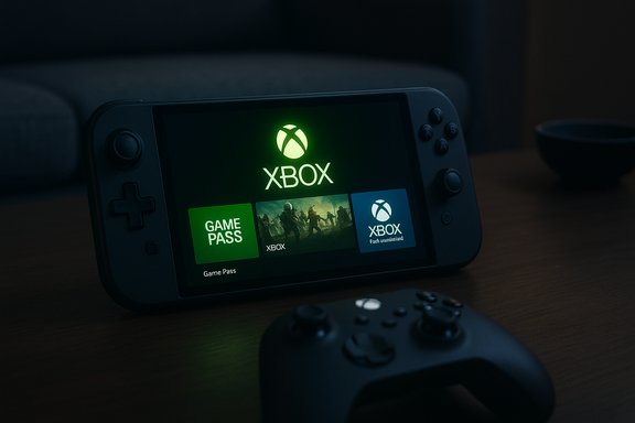 A handheld gaming device shows the Xbox dashboard with Game Pass tiles. A handheld gaming device shows the Xbox dashboard with Game Pass tiles.