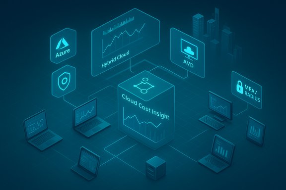 Blue isometric infographic showing Cloud Cost Insight with hybrid cloud and Azure. Blue isometric infographic showing Cloud Cost Insight with hybrid cloud and Azure.