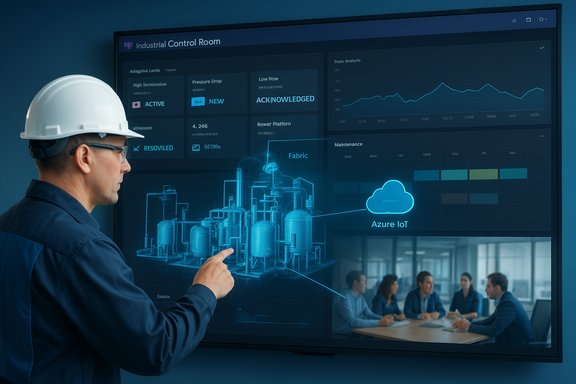 Engineer in a hard hat analyzes an Azure IoT industrial dashboard on a large screen.