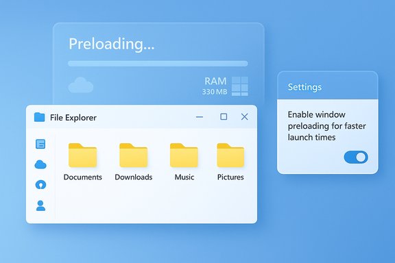 Blue UI mockup showing a preloading screen, a File Explorer with folders, and a settings toggle. Blue UI mockup showing a preloading screen, a File Explorer with folders, and a settings toggle.