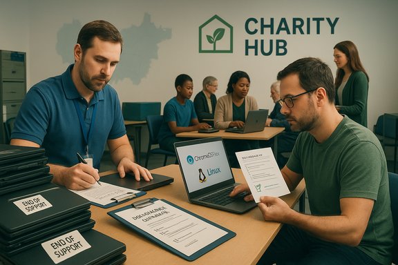 Volunteers at a Charity Hub work on laptops and paperwork.