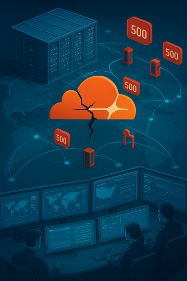 Cracked orange cloud indicates a cloud outage, with 500 error icons and data-center monitoring.