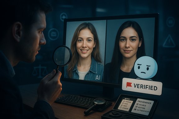 A researcher analyzes AI-generated portraits on a monitor with a magnifying glass, declaring one as verified. A researcher analyzes AI-generated portraits on a monitor with a magnifying glass, declaring one as verified.