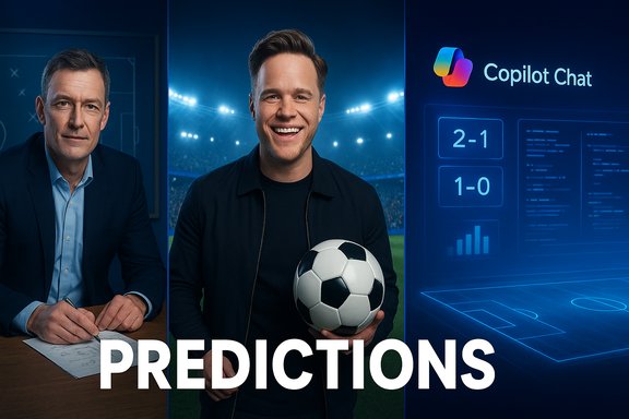 Two men in a studio with a soccer ball and Copilot Chat UI, under the word Predictions.
