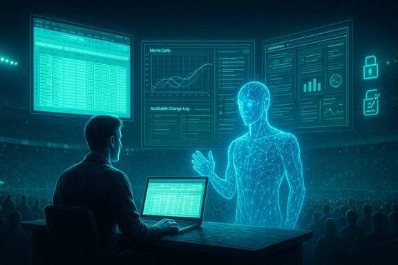 A man sits at a laptop as a glowing holographic figure explains data dashboards.