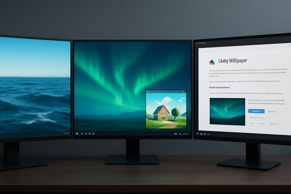 A three-monitor desk setup shows ocean left, aurora center, and a document on the right.