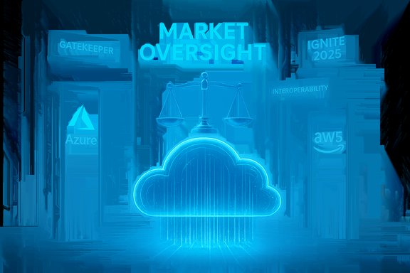 A glowing blue cloud with a scale icon above, flanked by cloud logos (Azure, AWS) and 'Market Overview' text. A glowing blue cloud with a scale icon above, flanked by cloud logos (Azure, AWS) and 'Market Overview' text.