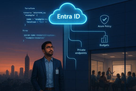 Businessman stands before a glowing Entra ID cloud diagram illustrating Azure resources.