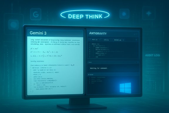 A futuristic dual-monitor interface displaying Gemini 3 and Antigravity panels under a neon Deep Think sign.