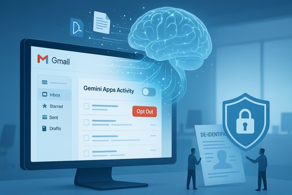 Gmail screen showing Gemini Apps Activity, a glowing AI brain, and a de-identification security shield.