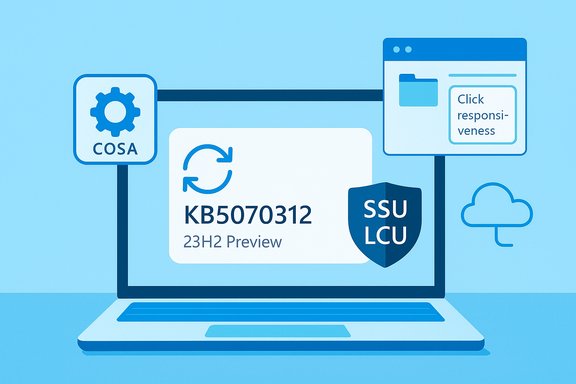 Blue laptop illustration showing KB5070312 23H2 Preview with SSU/LCU shield and icons. Blue laptop illustration showing KB5070312 23H2 Preview with SSU/LCU shield and icons.