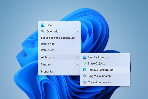 Mac-style context menu with AI editing options over a blue abstract wallpaper.