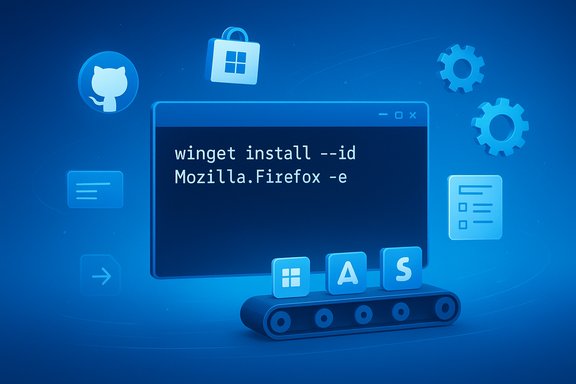 Blue tech illustration of a screen showing the winget install command for Mozilla.Firefox.