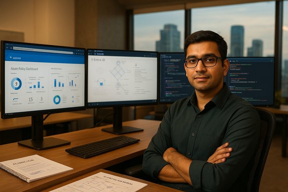 A man wearing glasses sits at a desk with multiple monitors displaying dashboards and code.
