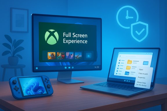 Blue-lit desk setup with a large monitor showing “Full Screen Experience,” plus a laptop and handheld gaming console.