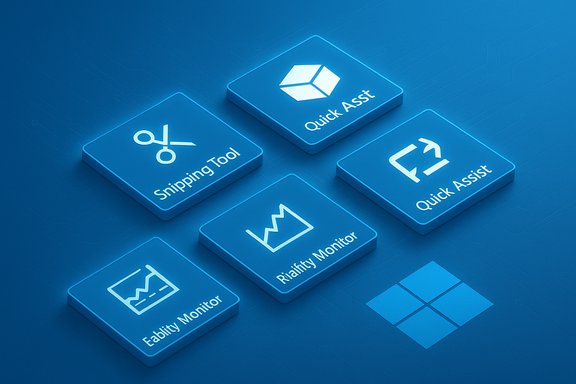 Blue 3D tiles show Windows utilities like Snipping Tool and Quick Assist.