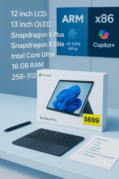 Microsoft Surface Pro box on a desk with keyboard, pen, and $699 price tag.