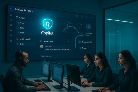 Support team monitors a large wall screen displaying a Copilot-enabled Microsoft Teams dashboard.