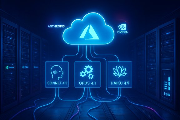 Neon-blue data center links Anthropic and NVIDIA to Sonnet 4.5, Opus 4.1, and Haiku 4.5.