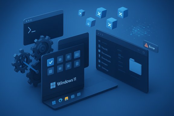 Isometric Windows 11 UI with gears, files, and an error badge.