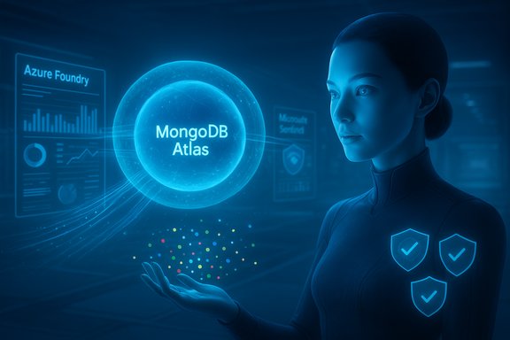 A woman in a sleek suit interacts with a holographic MongoDB Atlas interface.