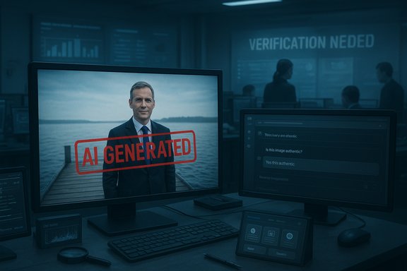A man in a suit appears on a monitor, stamped 'AI GENERATED,' in a blue-toned control room.