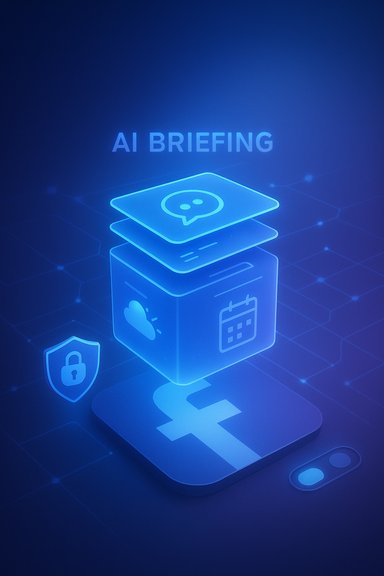 Neon blue AI briefing hologram with chat, cloud and calendar icons.